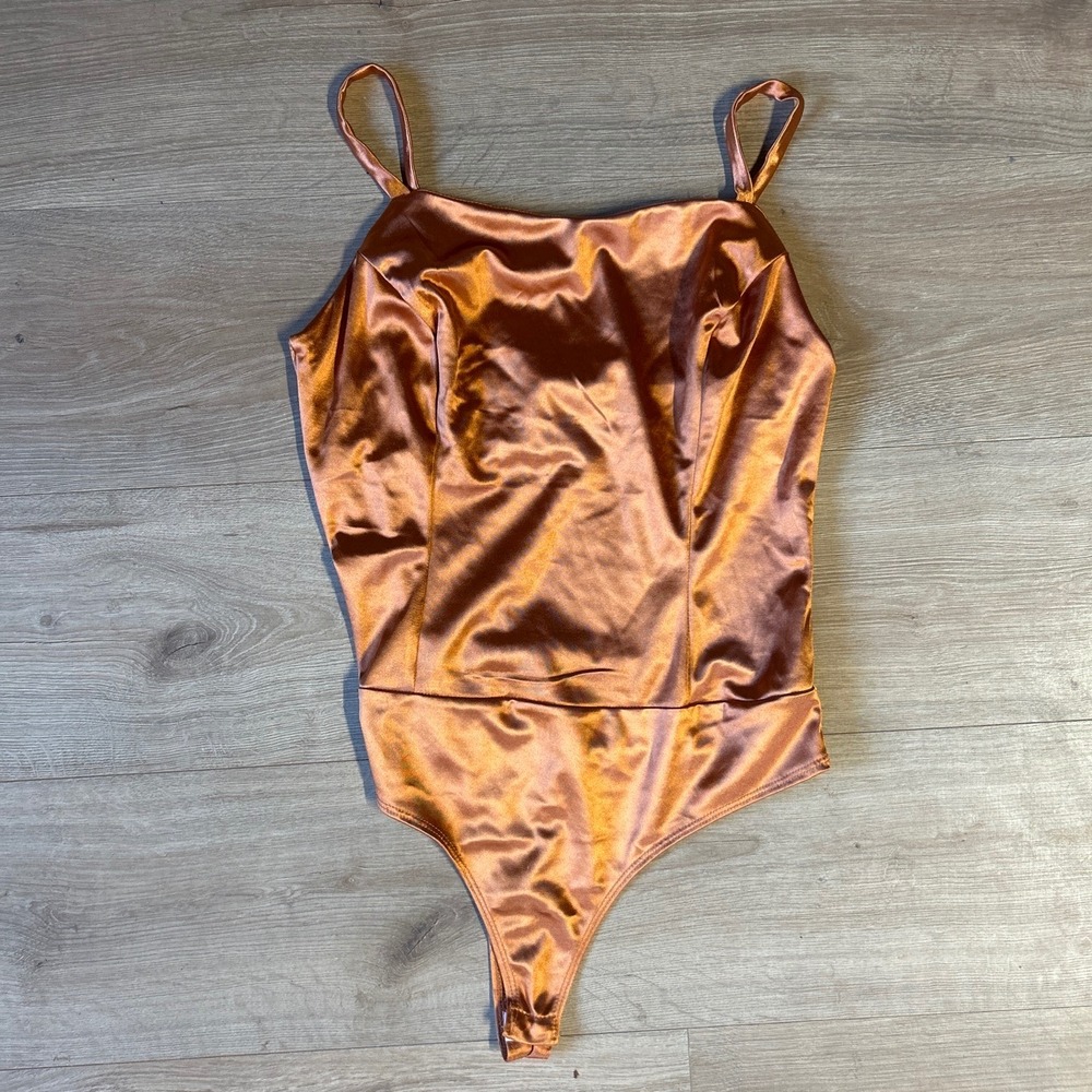 Iris Womens‎ Copper Satin Bodysuit Square Neck Adjustable Straps Bronze Large